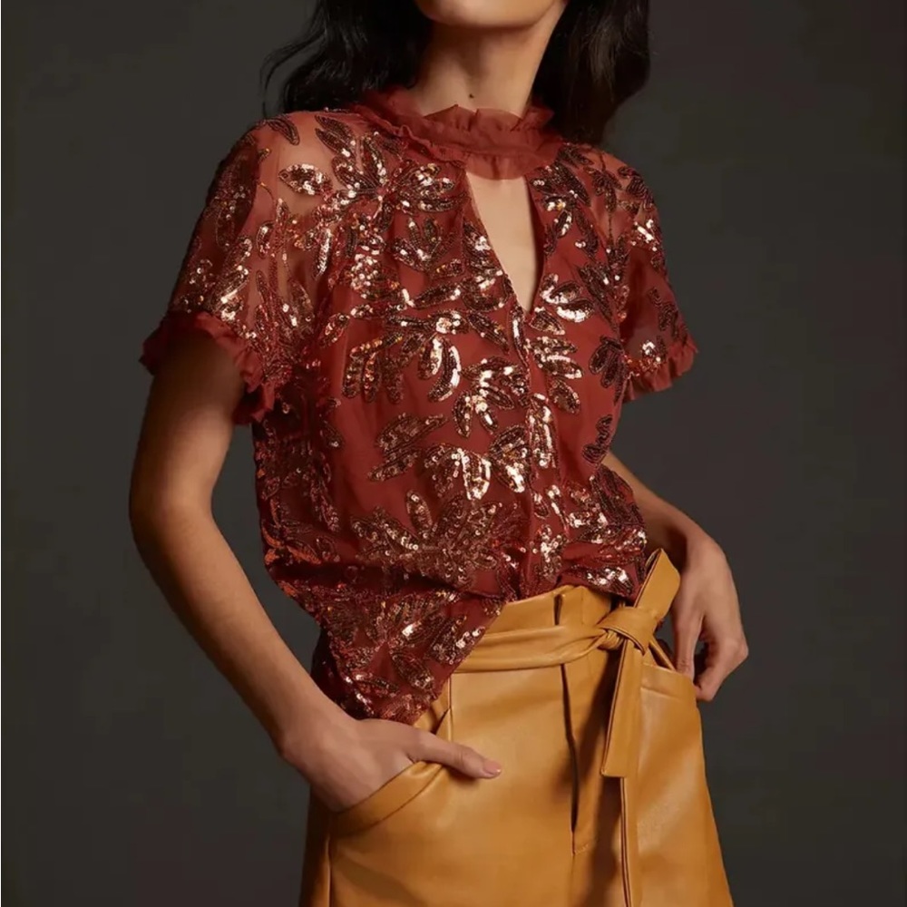 Anthropologie Burnt Orange Cut-out Sequin Top XS